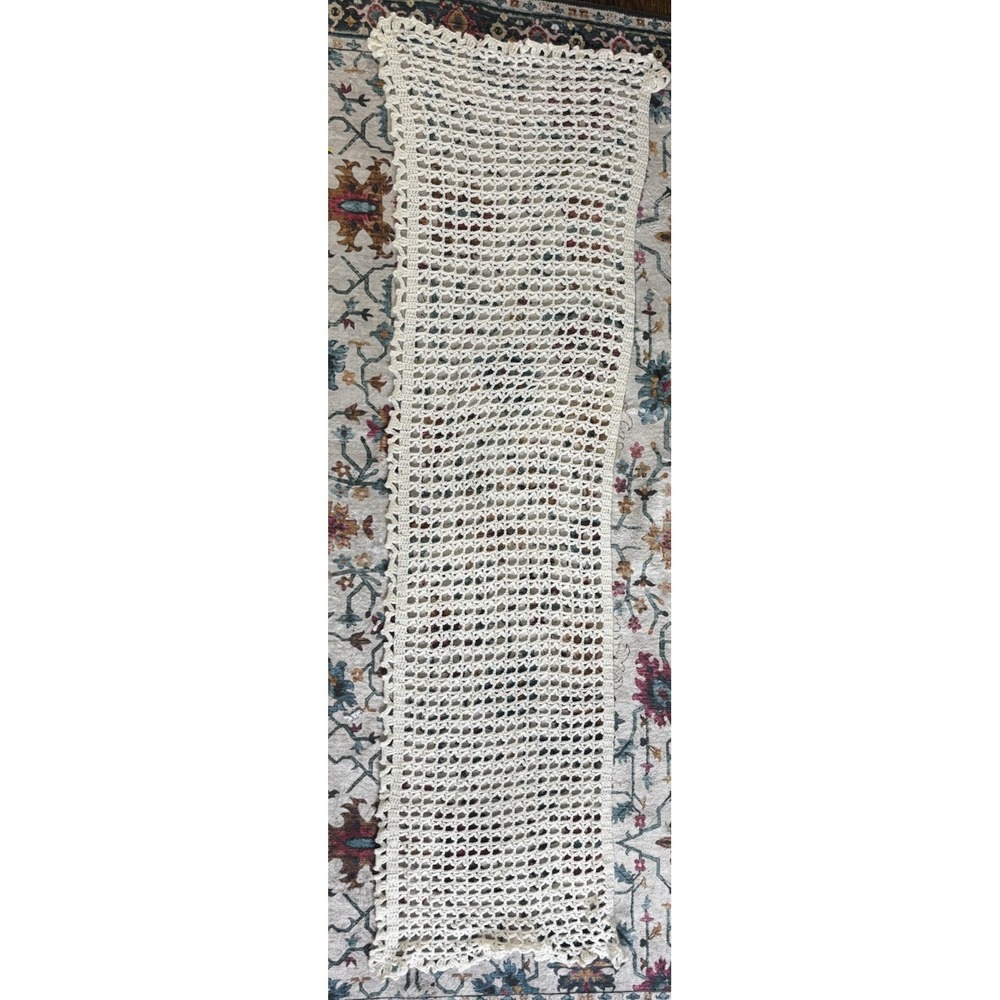 Vintage Crochet Doily Runner White Cottage Shabby Chic Farmhouse 58"x15"